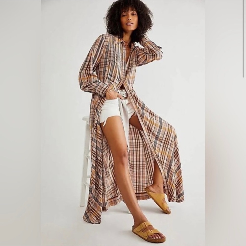 FP Free People Plaid Button Down Front Long Sleeve Maxi Dress Size Small